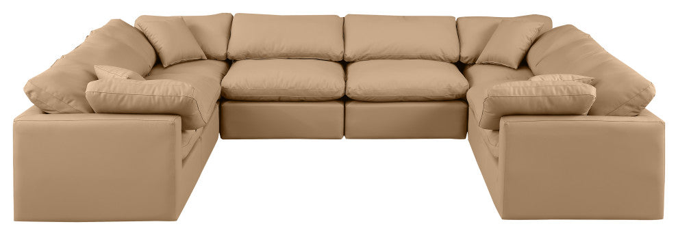 Indulge Upholstered Modular U-Shaped Sectional, Tan, 8-Piece: 4 Armless Chair, 4 Corner Chair, Fiber Stuffed Vegan Leather