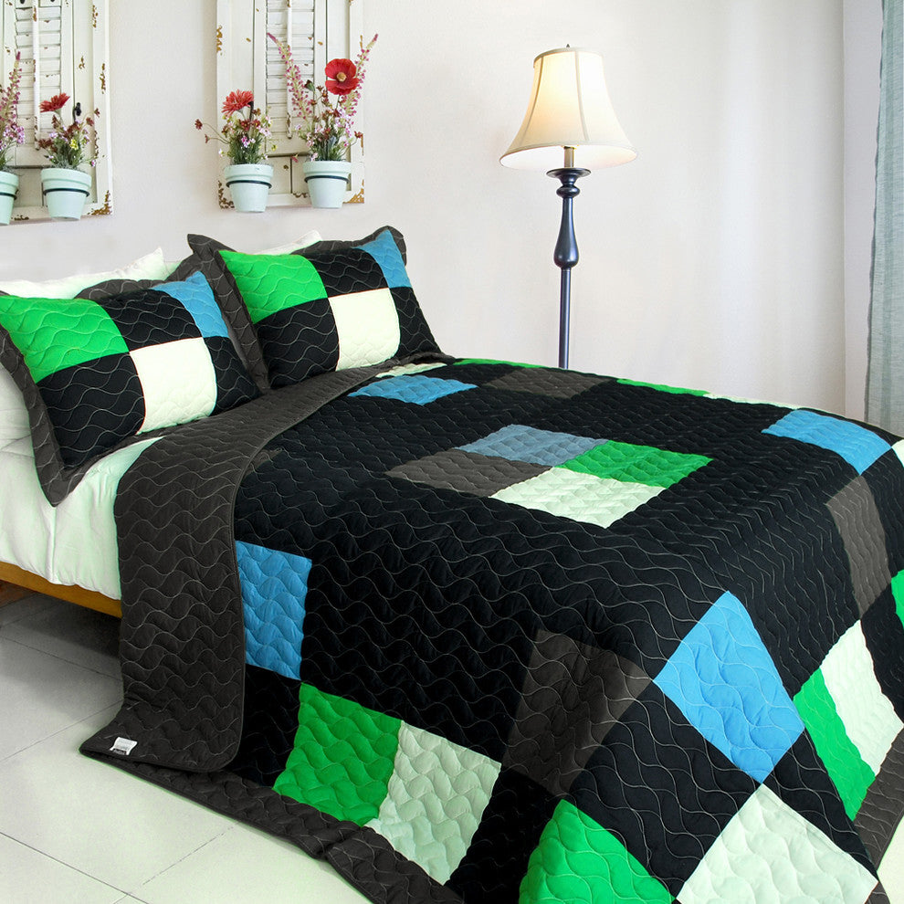 Fatal Attraction-2 2PC Cotton Vermicelli-Quilted Patchwork Plaid Quilt Set-Twin