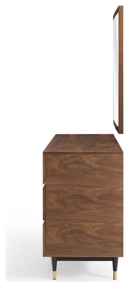Dresser Drawer Chest Mirror Set, Wood, Brown Walnut, Modern Living Room