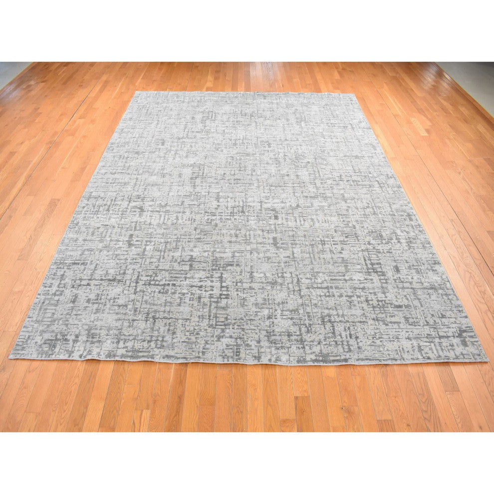 Medium Gray, THE MATRIX Design, Silk With Wool, Hand Knotted Rug, 9'2"x12'3"