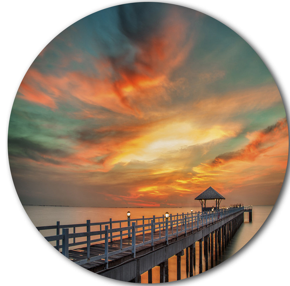 Colorful Sky And Long Wooden Pier, Sea Pier Disc Metal Artwork, 23"