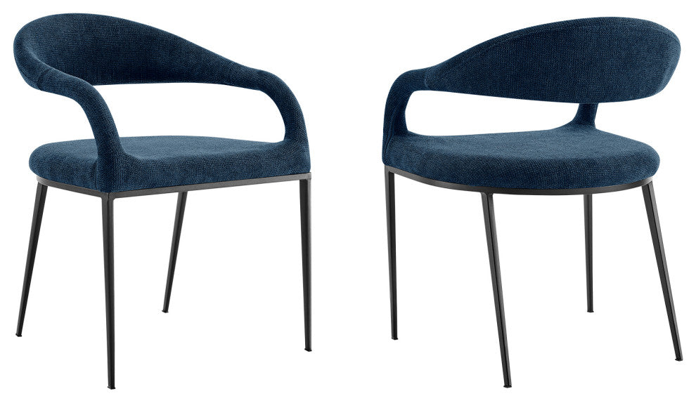 Morgan Upholstered Dining Chair With Matte Black Iron and Blue Fabric, Set of 2