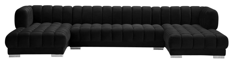 Gwen Biscuit Tufted Velvet Upholstered 3 Piece Sectional, Black