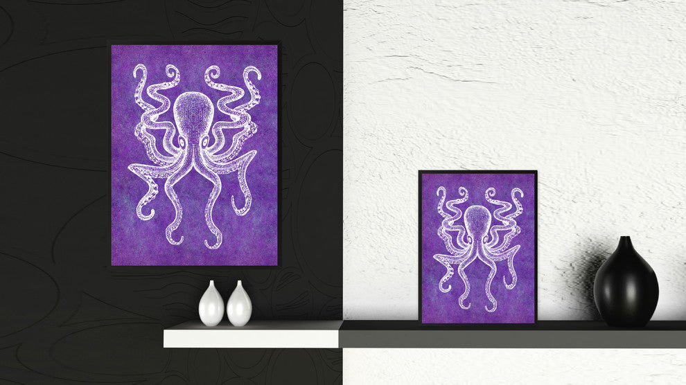 Octopus Animal Purple Print on Canvas with Picture Frame, 13"x17"