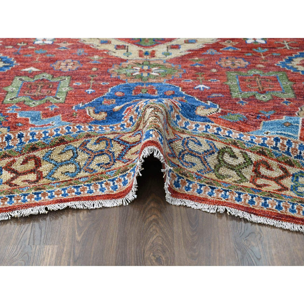 Red Heriz With All Over Design Soft Wool Hand Knotted Oversized Rug, 12'x14'10"