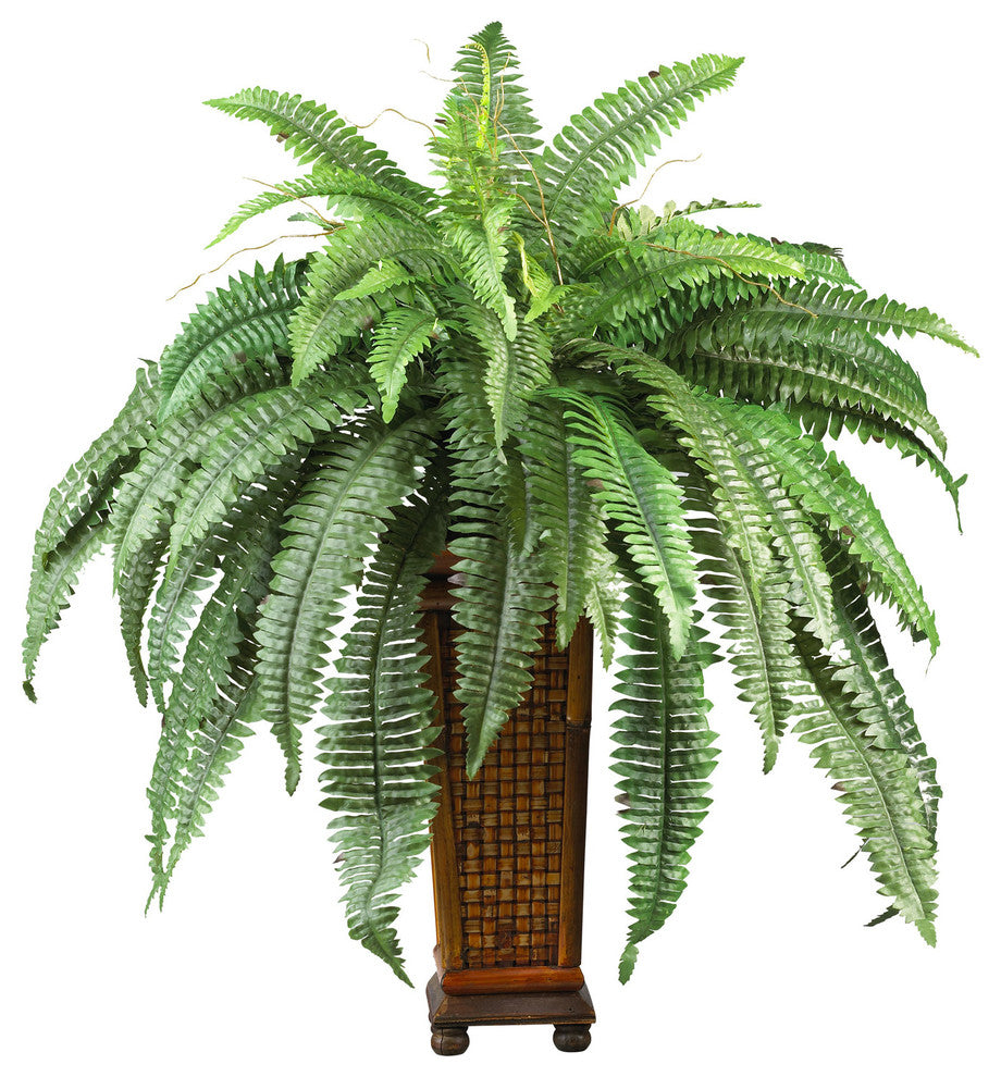Boston Fern With Decorative Wood Vase Silk Plant