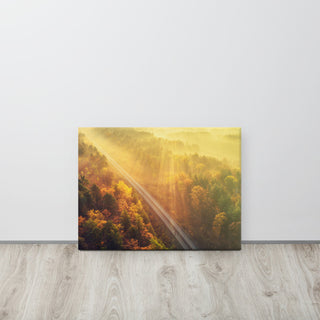 Sunrise Railroad Misty Forest Golden Haze Landscape Photo Canvas Art Print, 18" X 24"