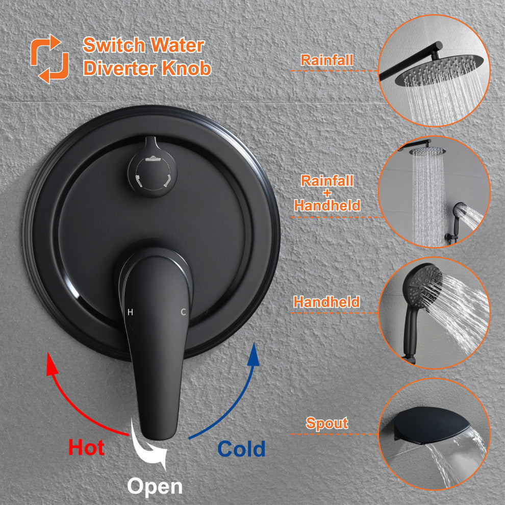 Waterfall Tub Spout Shower System, Handheld Shower Head, Matte Black