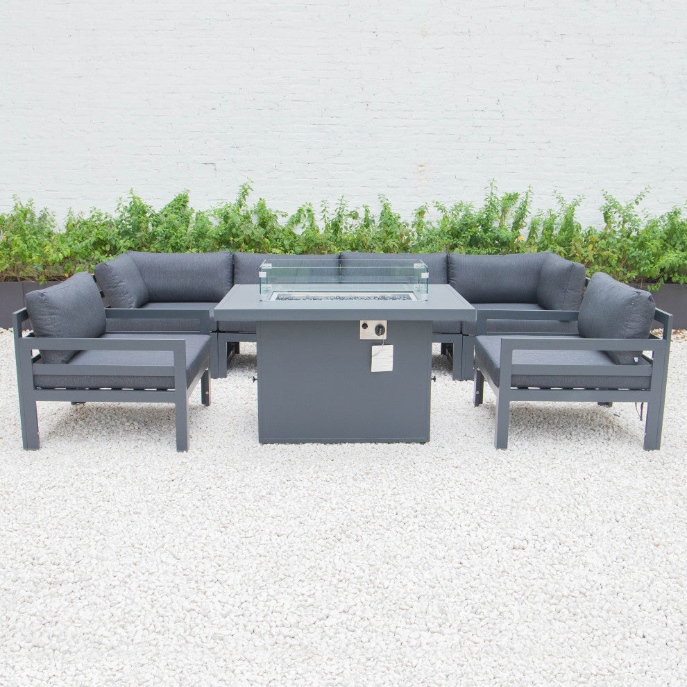LeisureMod Chelsea 7-Piece Outdoor Sectional With Fire Pit Table, Black