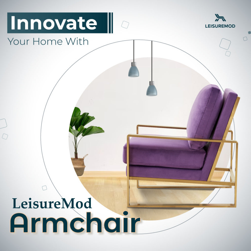 LeisureMod Jefferson Velvet Accent Armchair With Gold Frame, Purple