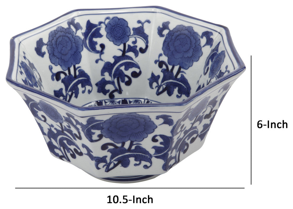 Benzara BM285587 11" Bowl With Floral Pattern on Blue and White Porcelain