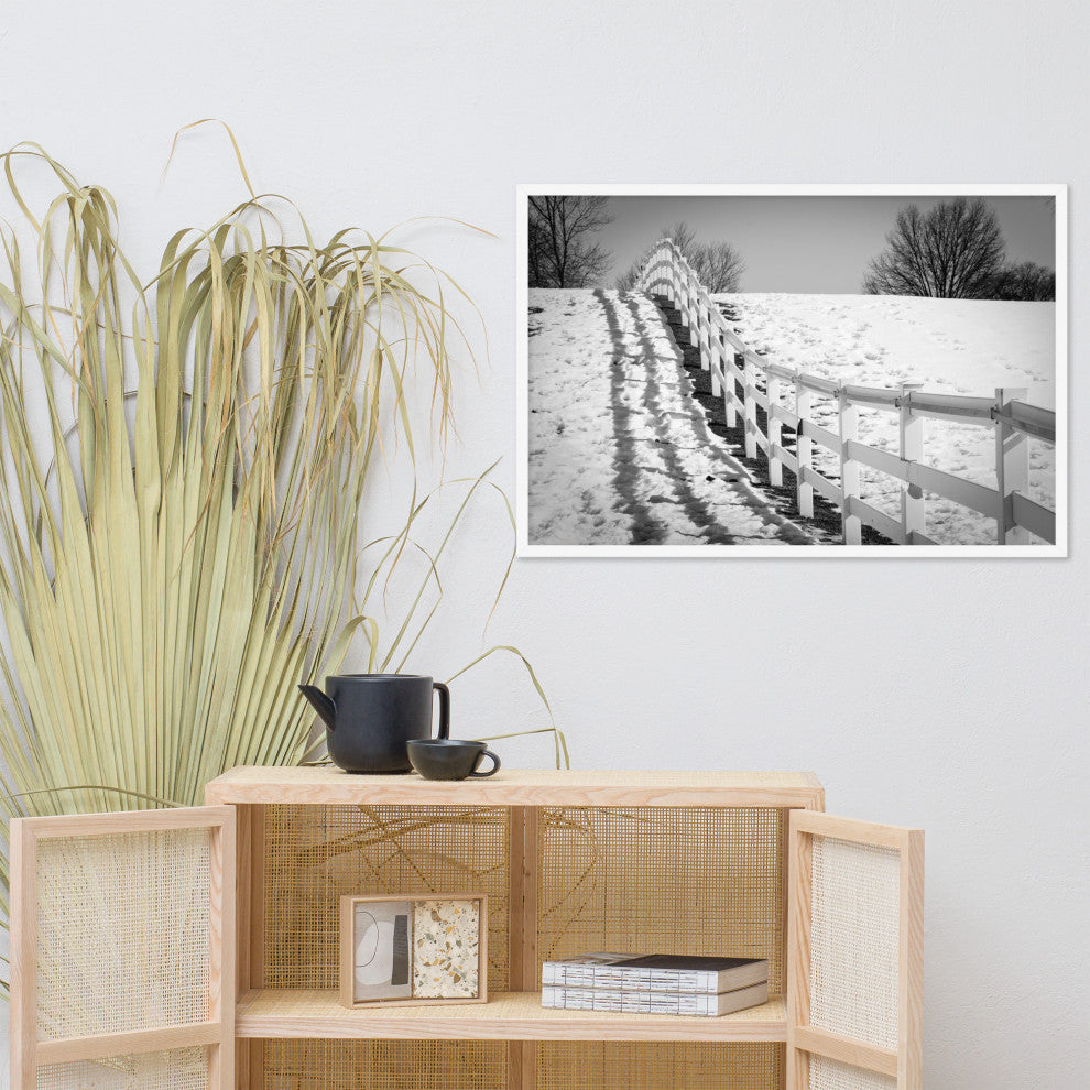 Endless Fences in Black & White Rural Landscape Framed Photo Paper Art Prints, White, 24" X 36"
