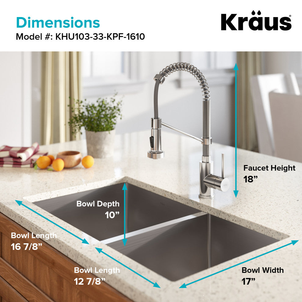 33" Undermount Stainless Steel Kitchen Sink, Pull-Down Faucet CH, Dispenser