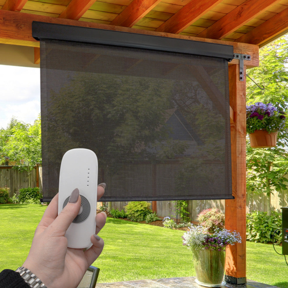 Outdoor Valanced Remote Control Operated Sunshade, Pearl Fabric, Obsidian, 48x96