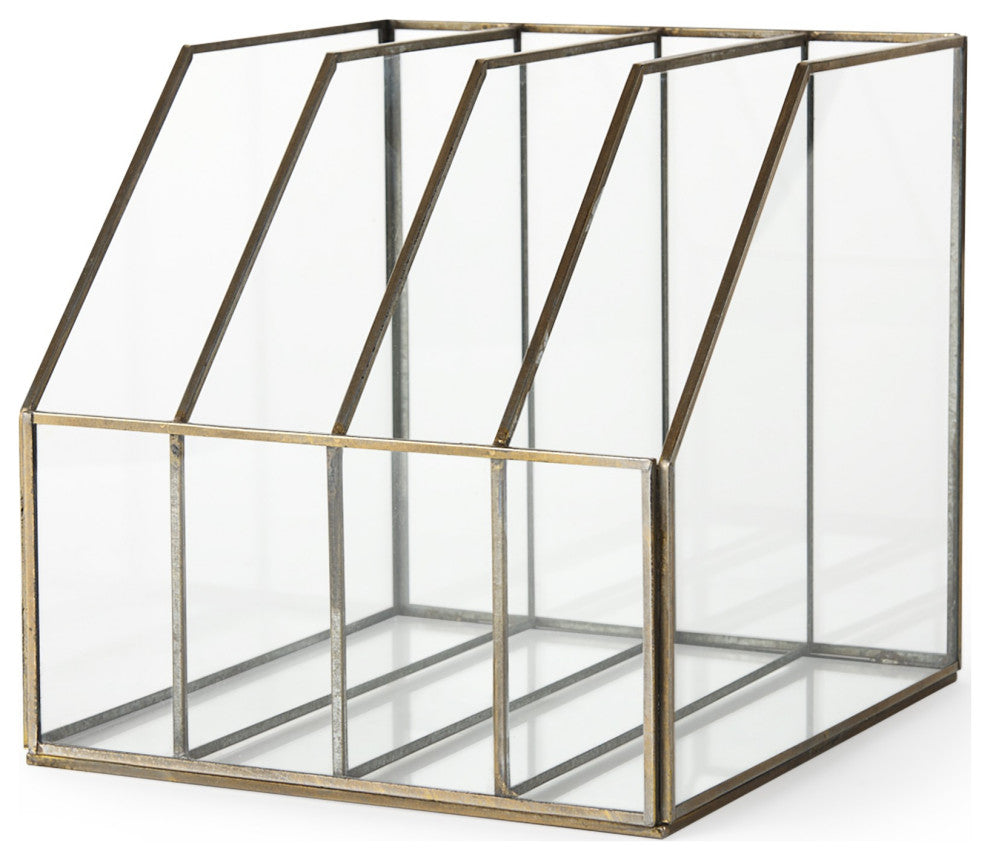 Modern Rustic Gold Metal and Glass File Holder