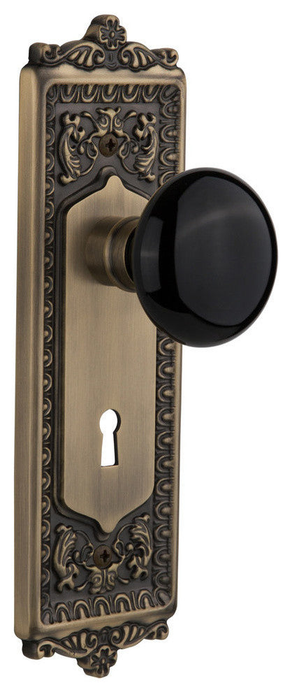 Single Egg and Dart Plate With Black Porcelain Knob, Antique Brass