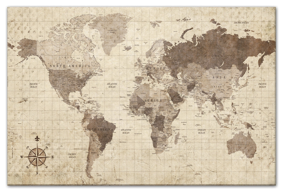 Distressed World Map Canvas Wall Art, 32"x48"