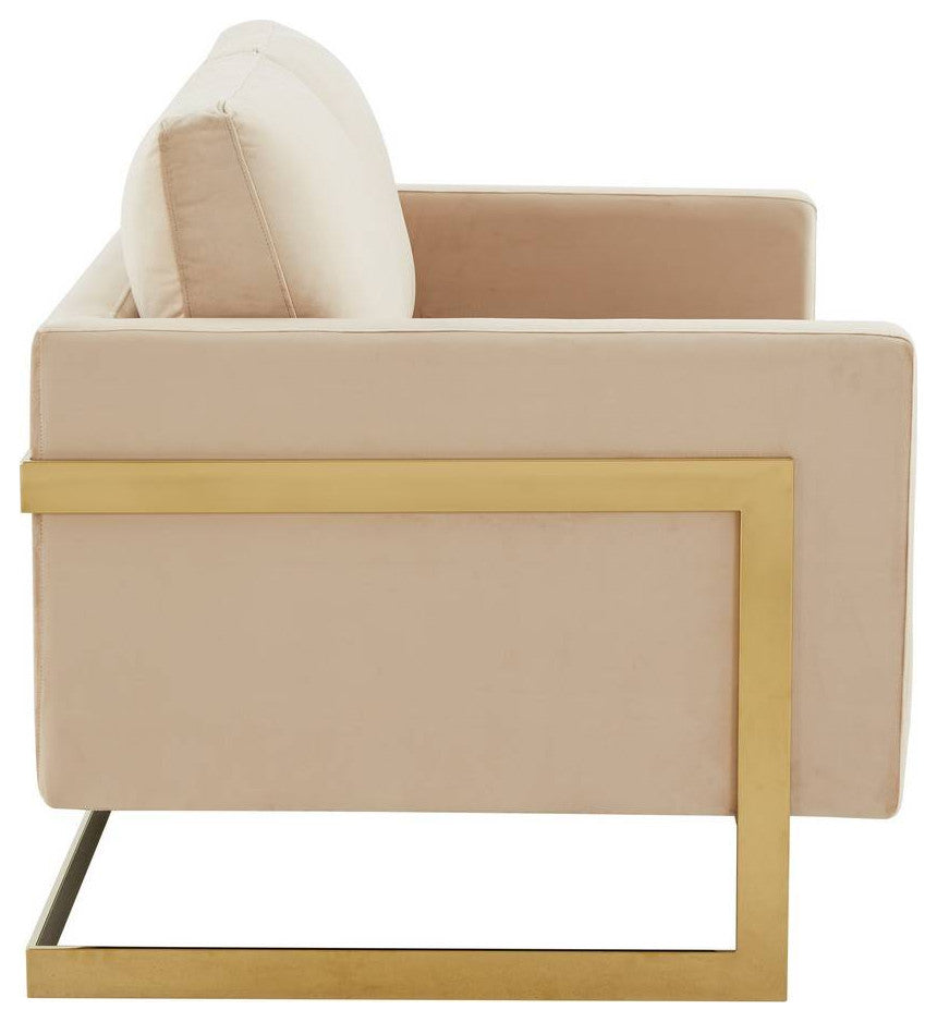 LeisureMod LA55BG Lincoln Beige Modern Mid-Century Velvet Loveseat Gold Frame