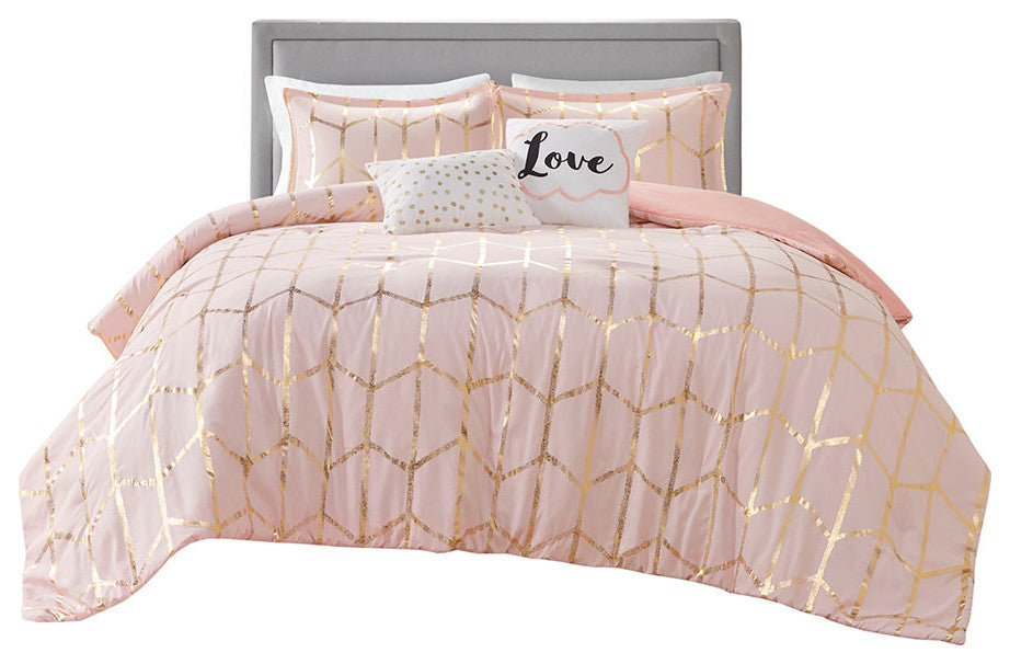Intelligent Design Raina Metallic Printed Comforter Set, Blush/Gold