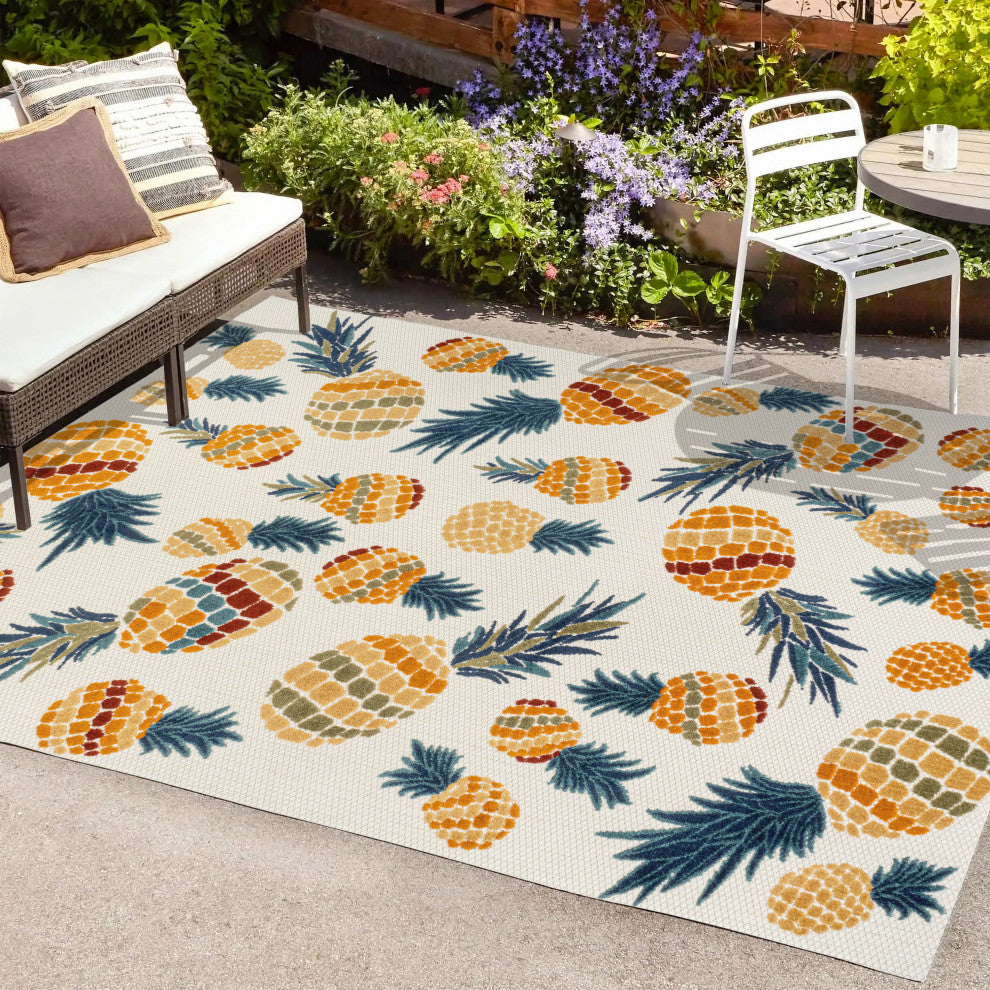 Ananas Bold Pineapple High-Low Indoor/Outdoor Area Rug, Orange/Navy, 3 X 5