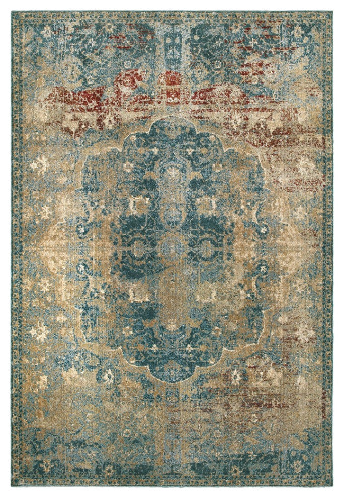 7??X 10??Sand And Blue Distressed Indoor Area Rug