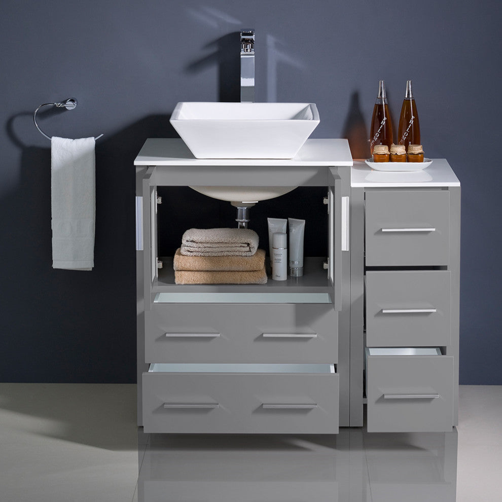Torino Modern Bathroom Cabinets With Top and Vessel Sink, Gray, 36"