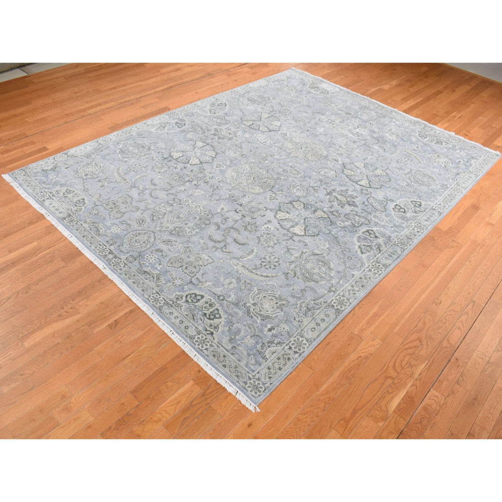 Goose Gray, Oushak Design, Silk With Wool, Hand Knotted Rug, 9'x12'