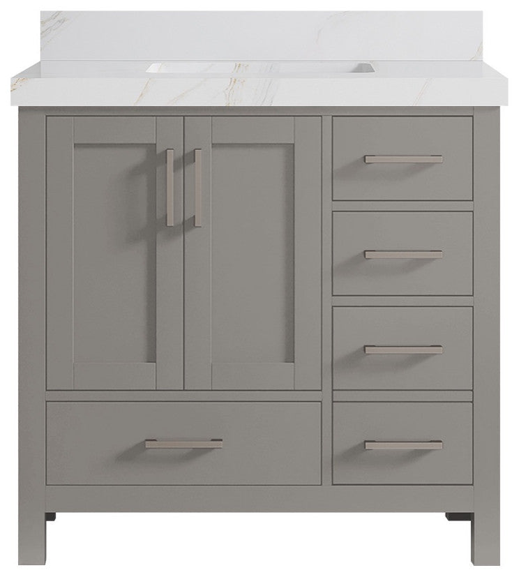 Malibu 36 Center Sink Bath Vanity in Elephant Skin Gray 2" Calacatta Sienna