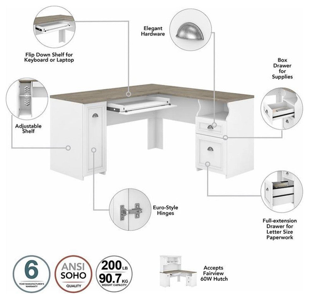 Fairview 60W L Shaped Desk in Pure White and Shiplap Gray - Engineered Wood