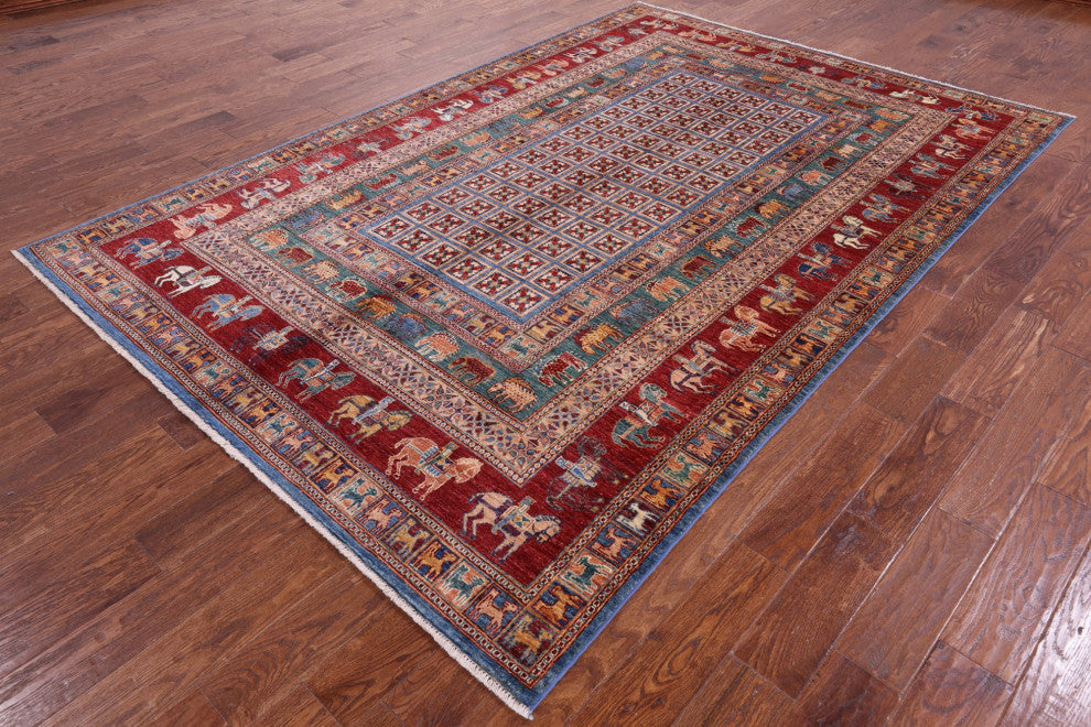 6' 8" X 9' 11" Handmade Antiqued Pazyryk Historical Design Wool Rug Q10706
