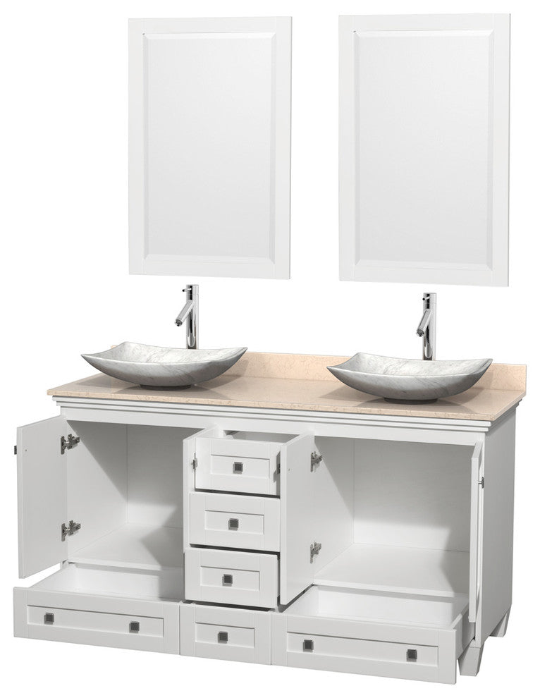 Acclaim White DBL Vanity, 24" Mirrors, 60", Ivory Marble, White Carrera Marble