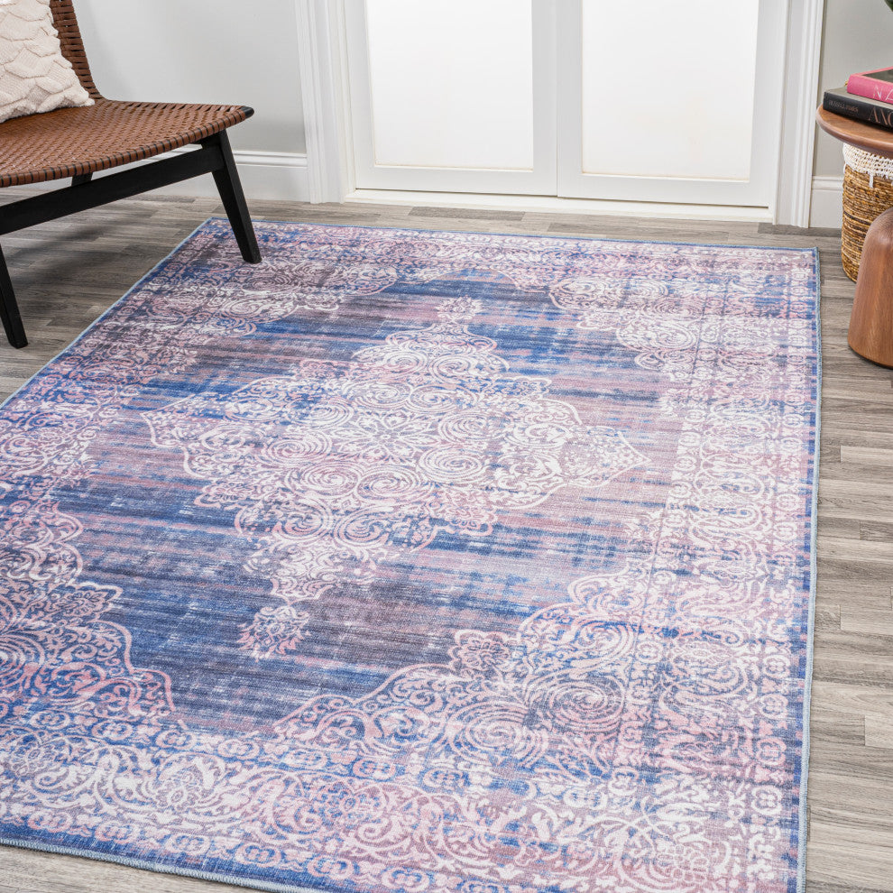 Regis Bohemian Medallion Machine Washable Indoor Area Rug, Blue, 4 X 6