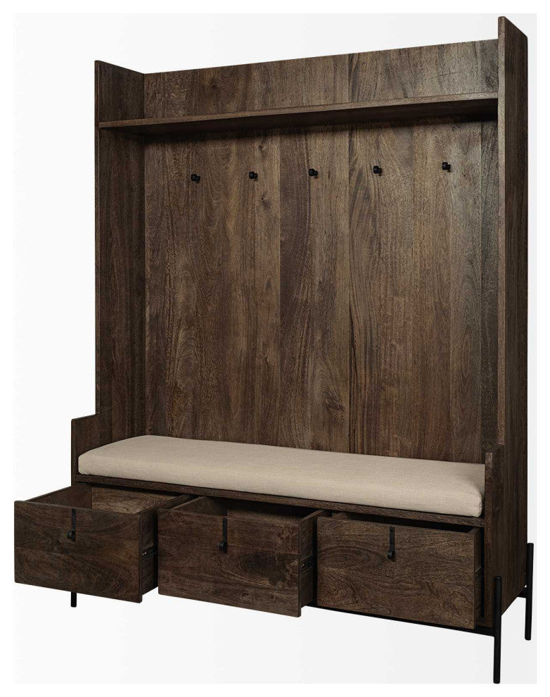 Brown Wood Cream Fabric Wrapped Seat Hall Tree With Storage