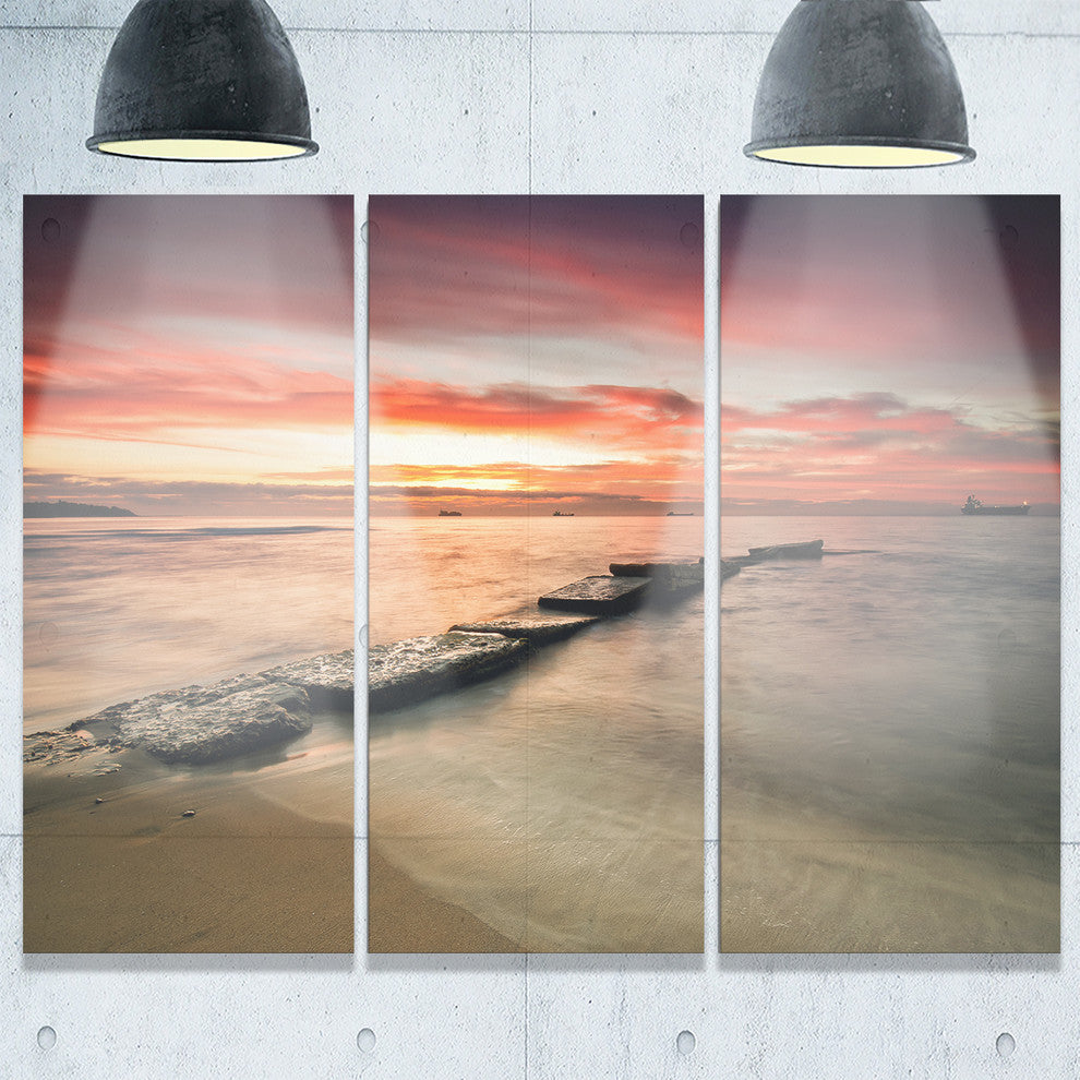 "Wonderful Sunrise on Black Ocean" Beach Metal Wall Art, 3 Panels, 36"x28"