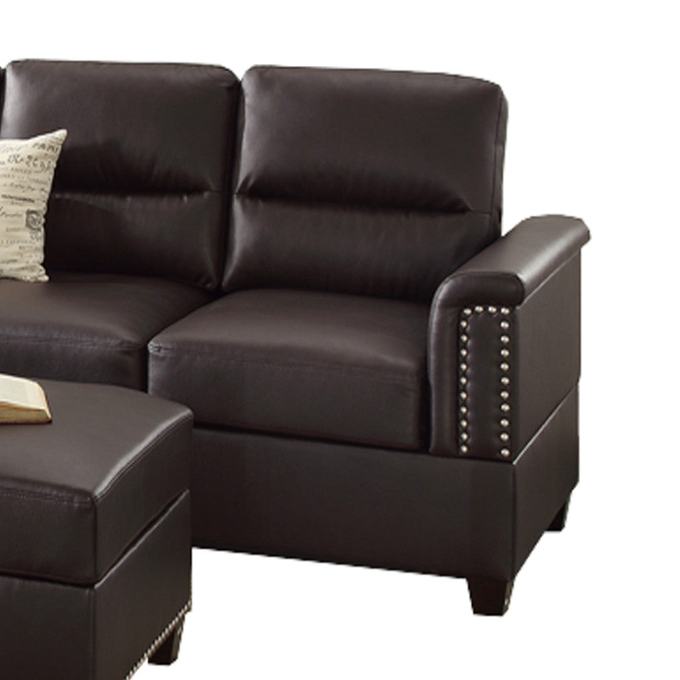Benzara Bonded Leather Wooden Three Pieces Sectional Set, Espresso Brown