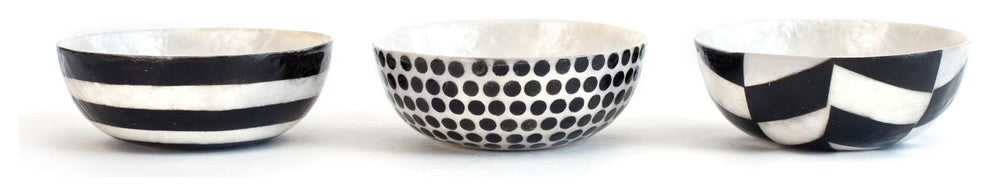 3.5" Round Capiz Bowl, Black Stripes, Set of 2