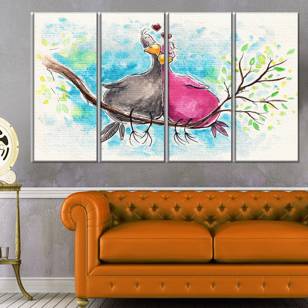 Two Birds in Love on Branch, Abstract Canvas Art Print, 48"x28", 4 Panels