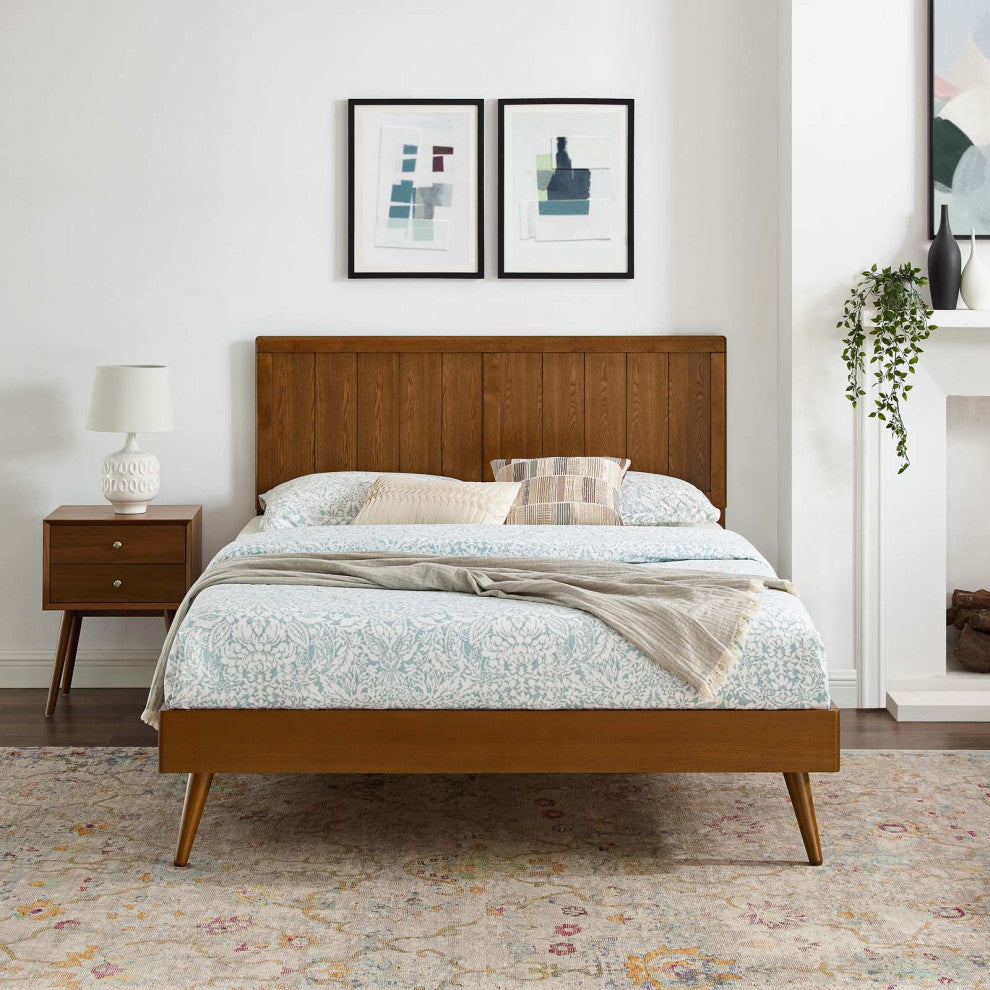 Platform Bed Frame, Queen Size, Wood, Brown Walnut, Modern Mid-Century, Bedroom