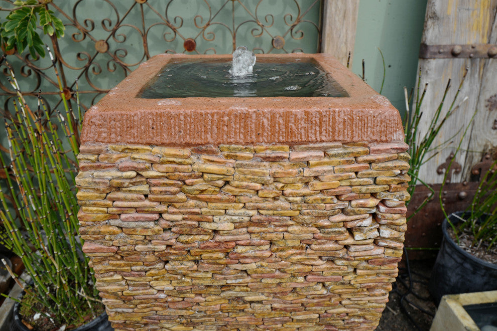 Peach Pebble Stacked Square Urn Fountain