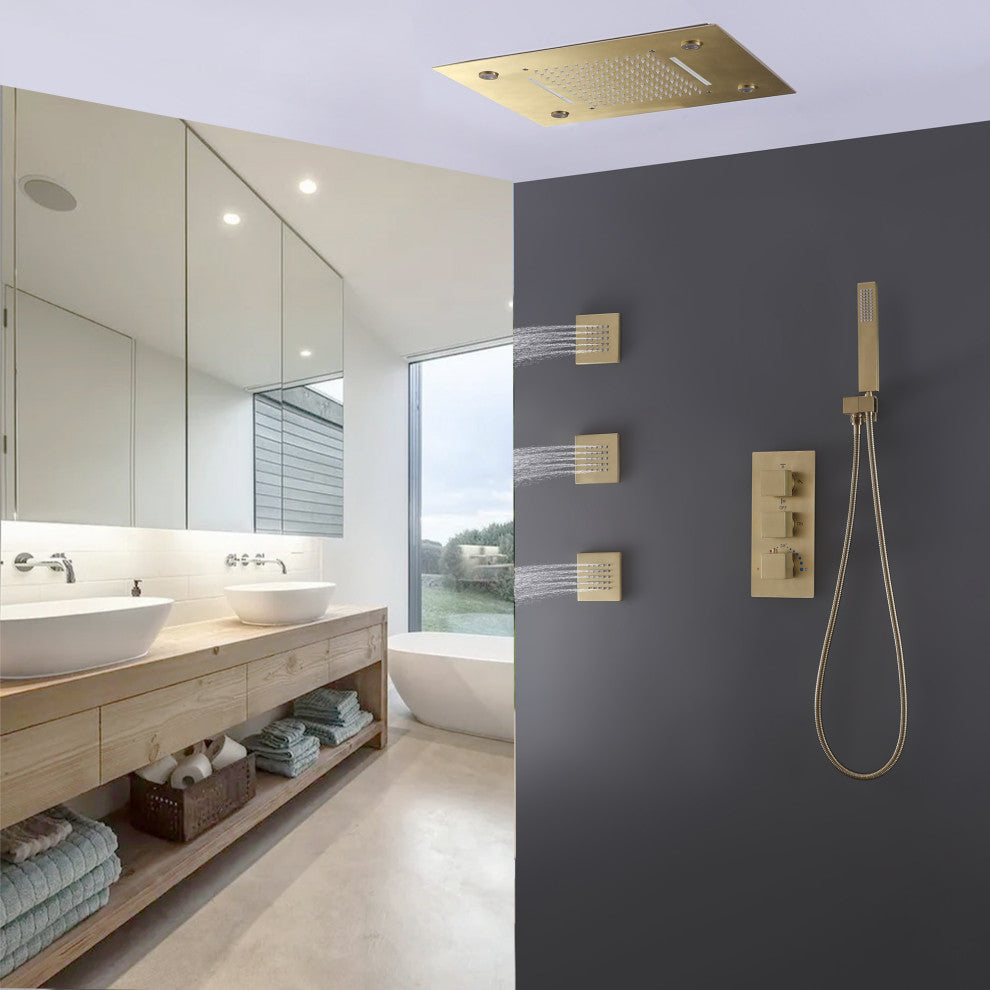 Thermostatic Shower System With Multi Function LED Shower Head, Brushed Gold