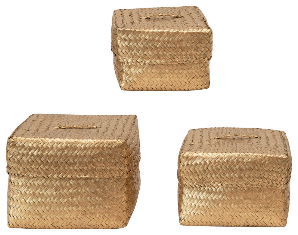Hand-Woven Seagrass Baskets With Lids, Gold, 3-Piece Set