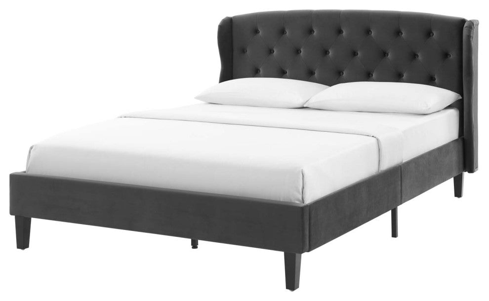 Platform Bed Frame, Queen Size, Velvet, Dark Gray, Modern Contemporary