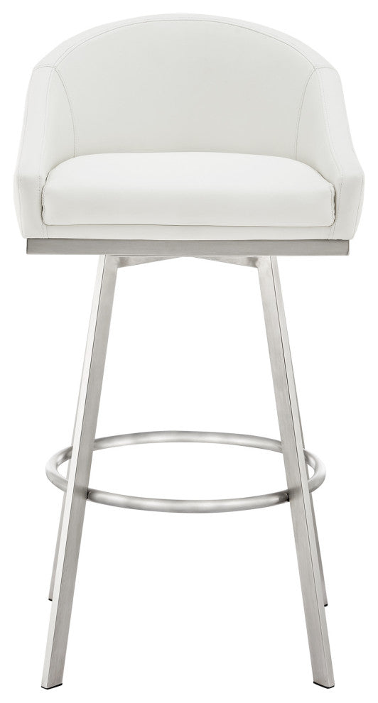 Noran Swivel Counter Stool, Brushed Stainless Steel With White Faux Leather