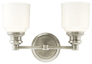 Windham 2-Light Bath and Vanity With Opal Glossy Glass Shade, Satin Nickel