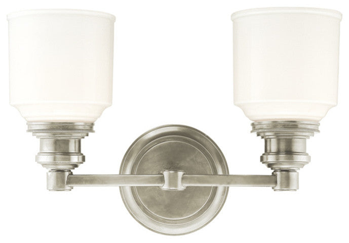 Windham 2-Light Bath and Vanity With Opal Glossy Glass Shade, Satin Nickel
