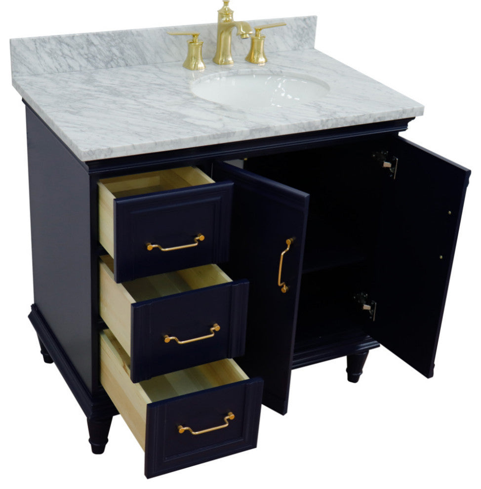 37" Single Vanity, Blue Finish With White Carrara