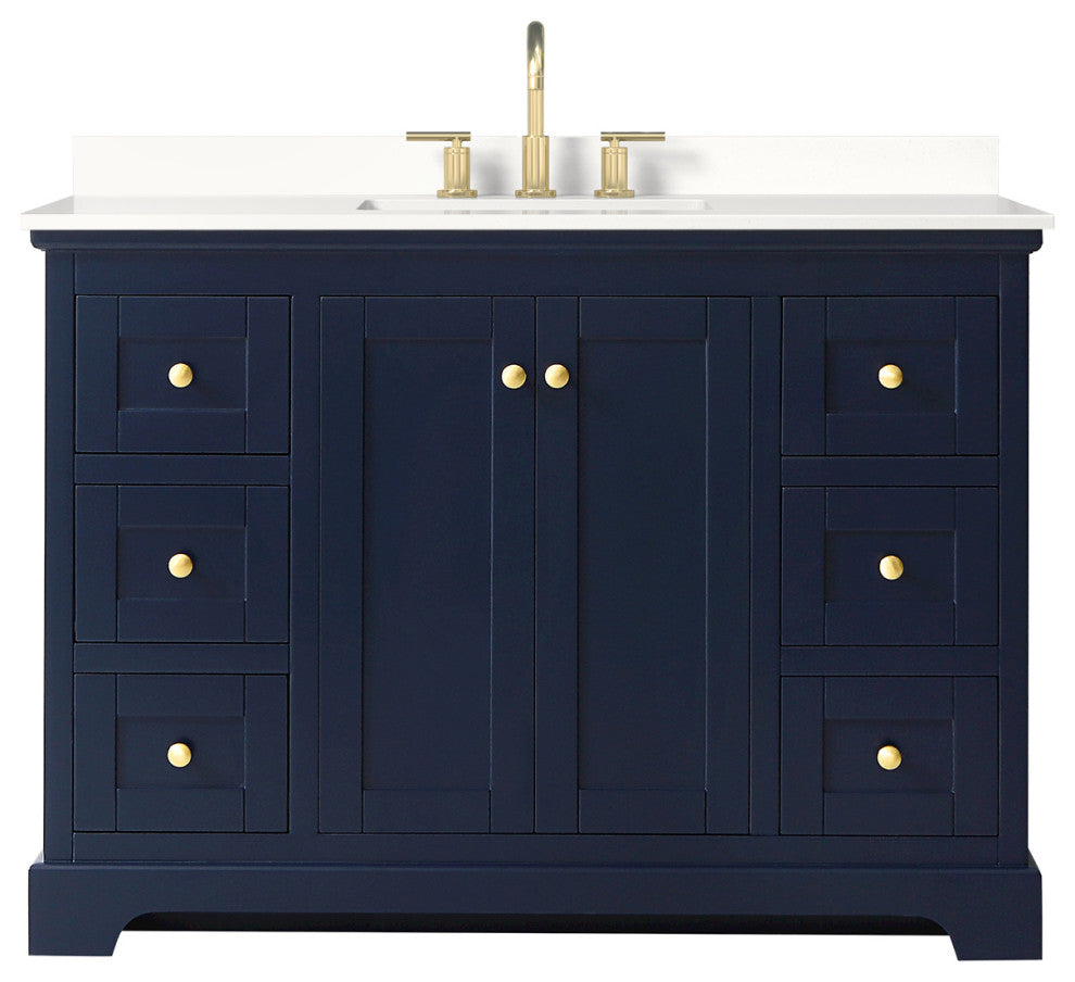 Avery 48" Dark Blue Single Vanity, White Quartz Top (3-Hole), Gold Trim