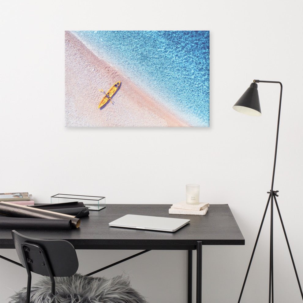 Yellow Canoe and Blue Sea by with Violet Glow Landscape Photo Canvas Art Print, 24" X 36"