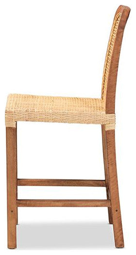 Caspia Modern Walnut Brown Finished Wood and Natural Rattan Counter Stool