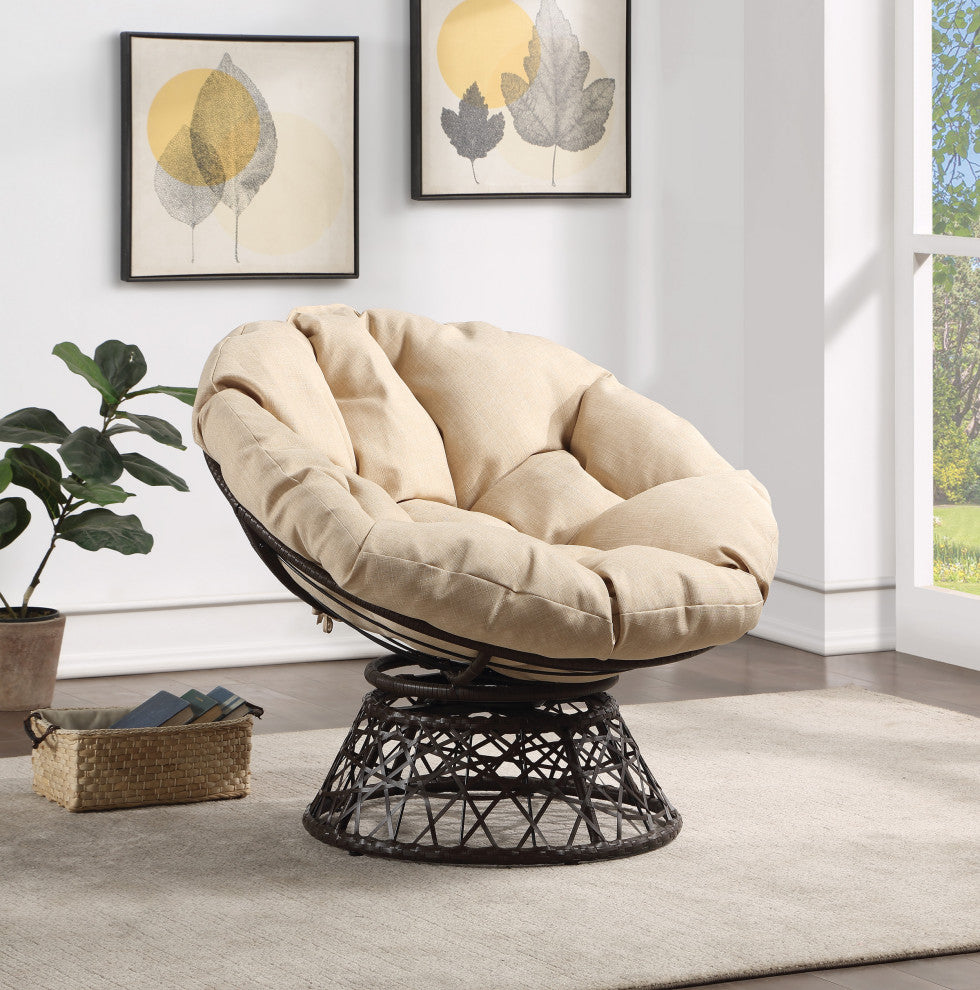 Papasan Chair With Cream Round Pillow Cushion and Brown Wicker Weave